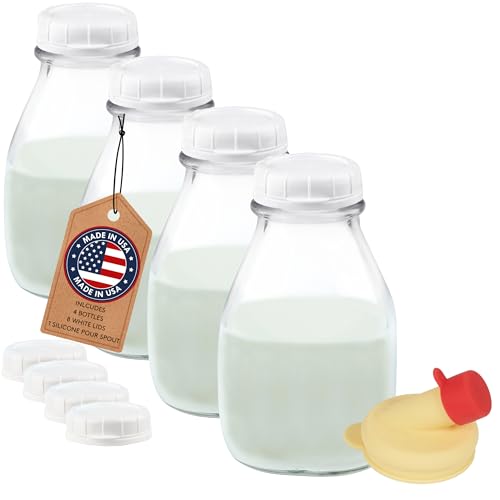 kitchentoolz 16 Oz Glass Milk Bottles with Lids (4 Pack) – Reusable Glass Creamer and Juice Bottles – Includes 8 Tamper-Proof Airtight Caps and One Silicone Pour Spout - size: 16 Ounce