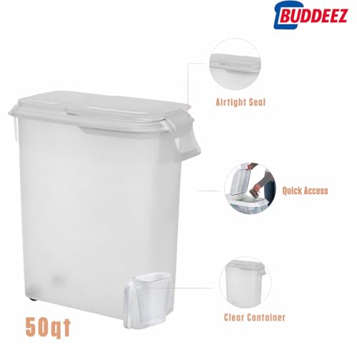 Buddeez Airtight Rolling Pet Food Storage Container, Bird Seed, 50 Quart - color: White Lid, size: 1 Pack (50 Quart)