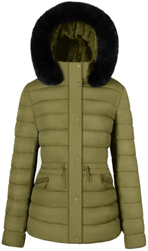 BodiLove Women's Fur Hooded Thickened Jacket with Fleece Lining - color: Light Olive-w/ Velvet Fur Trim, size: Medium