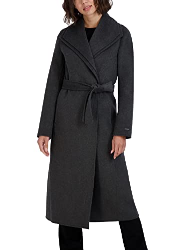 TAHARI Women's Slim Fit Double-faced Soft Wool Blend Wrap Coat With Tie Belt – Long Wool Coat - color: Charcoal, size: Large