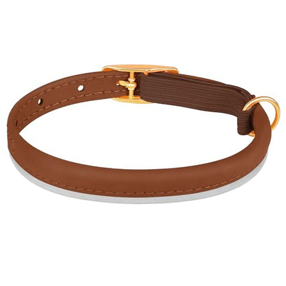 OOPSDOGGY Rolled Leather Cat Collar with Bell - Reflective Kitten Collar with Safety Elastic Strap - Adjustable Small Pet Collars for Boy Girl Cats (Brown) - color: Brown