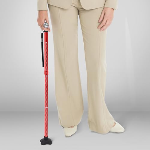 BeneCane Walking Cane for Women Folding Cane for Men with Two Led Lights Quad Cane with Stable Base Lightweight and Adjustable Walking Stick - color: Carved Red