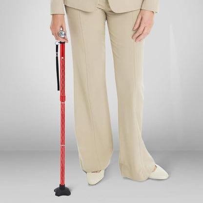 BeneCane Walking Cane for Women Folding Cane for Men with Two Led Lights Quad Cane with Stable Base Lightweight and Adjustable Walking Stick - color: Carved Red