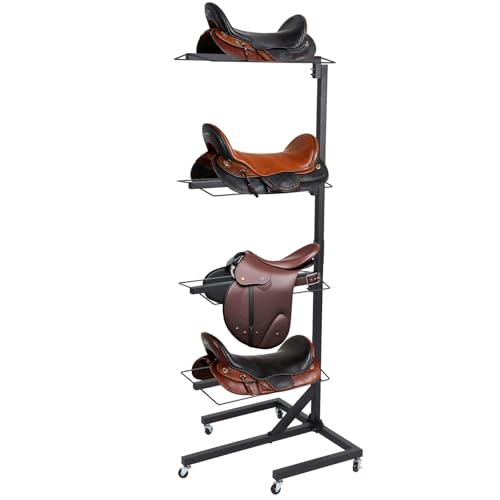 4 Tier Saddle Rack Stand with Wheels Adjustable Holder for Western & English Saddle Portable Heavy Duty Tack Rack Supports to 250Lbs Holds Tack Pad Blanket Accessories etc for Horses