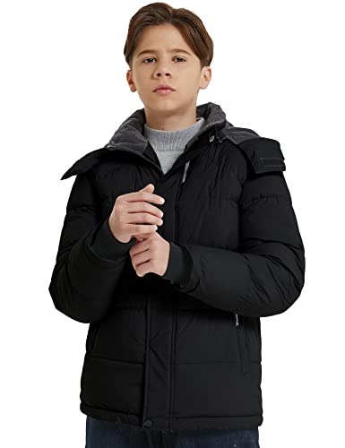 wantdo Boys Puffy Winter Coats Fleece-Lined Snow Jackets Removable Hood | Elastic Cuffs, Hook-and-Loop Collar, Windproof, Machine Washable - color: Black, size: 8-9