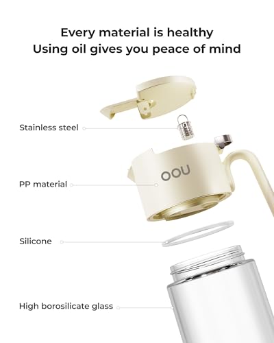OOU B2 Oil Dispenser Bottle, 20oz/600ml Borosilicate Glass Olive Oil Bottle with One-Step Pop-Up Lid, One-Hand Pour Control, Leak-Resistant Silicone Seal, Stainless Steel Spout & 304 Filter, Off-White