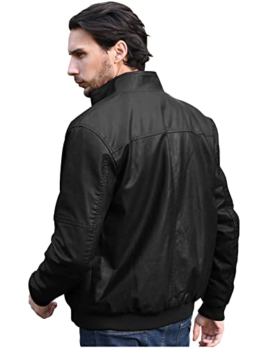 WenVen Men's Stand Collar Fleece Lined Faux Leather Jacket Warm Winter Coat | Bomber Outerwear - color: Black, size: Medium