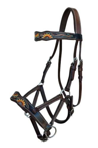 Horse Western Tan Leather Padded Bitless Training Sidepull Bridle Reins - color: Brown Sunflower Turquoise