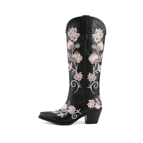 Knee High Cowboy Boots for Women Tall Cowgirl Western Boots - color: Black C, size: 7