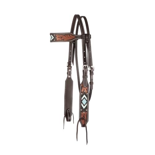 SIE Turquoise Beaded Floral Carved Leather Tie-Down Noseband for Horses, Western Tack - size: Cob, style: Browband Headstall
