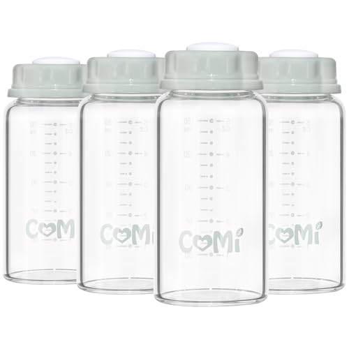 COMI Natural Glass Baby Bottle,Standard Neck Breastmilk Storage Bottle for Fridge,Breast Milk Container,Breast Pump Bottle Compatible with Medela Breast Pump,BPA Free,4PCS (5oz,4 Gray Lids) - style: 4Gray