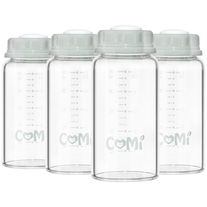 COMI Natural Glass Baby Bottle,Standard Neck Breastmilk Storage Bottle for Fridge,Breast Milk Container,Breast Pump Bottle Compatible with Medela Breast Pump,BPA Free,4PCS (5oz,4 Gray Lids) - style: 4Gray
