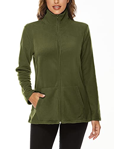 Hibelle Women's Outdoor Full-Zip Thermal Fleece Jacket with Pockets - color: 208-army Green, size: XX-Large