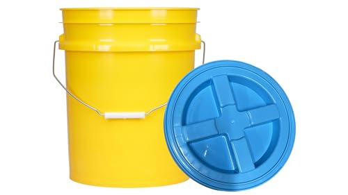 House Naturals 5 Gallon Plastic Yellow Food Grade BPA Free Made in USA Bucket Pail with Air Tight Double Gasket Screw on Lid(Pack of 3) (Yellow and Aqua lids) - color: Yellow and Aqua Lids