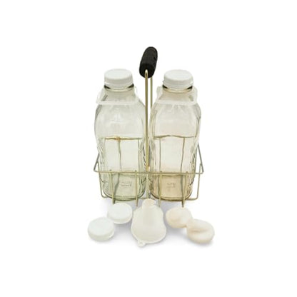The Dairy Shoppe Heavy Glass Milk Bottles - Extra Lids, Silicone Pour Spouts, Silicone Funnel- Clear Milk Containers - Reusable - Wire Carrier - Made in USA (2 Quart / 2 Cell Carrier Combo) - size: 64 Ounces