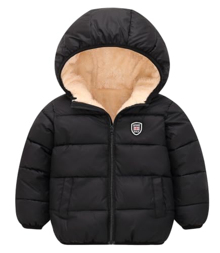Happy Cherry Boys Girls Winter Thick Jacket Warm Fleece Fur Lining Zipper Hooded Windproof Coat Outwear for 1-7 Years - color: Black, size: 4-5T