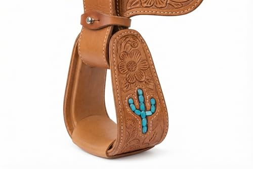Horse Western Turquoise Cactus Tooled Leather Covered Saddle Stirrups 51238 - color: Tan Cactus