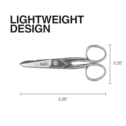 Klein Tools 2100-7 Electrician Scissors, Made in USA, Nickel-Plated Scissors with Stripping Notches, Made in USA, 5.25-Inch Snips for Datacom, Telecom, Electrical and Heavy-Duty Use - style: Nickel Plated