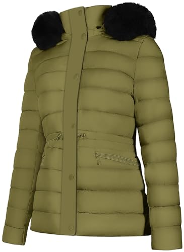 BodiLove Women's Fur Hooded Thickened Jacket with Fleece Lining - color: Light Olive-w/ Velvet Fur Trim, size: Medium