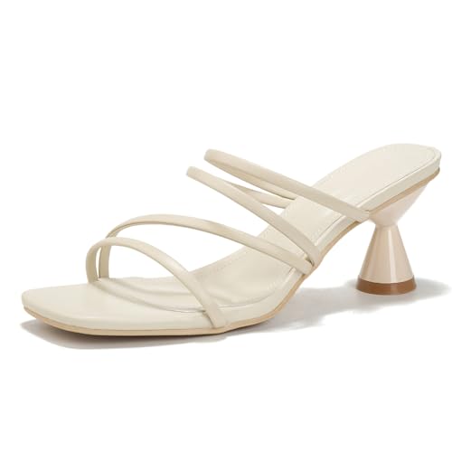 Women's Square Toe Twisted Strap Mules Open Toe Sculptural Kitten Heels Backless Slip On Sandals with Memory Foam - color: Beige Strappy, size: 8