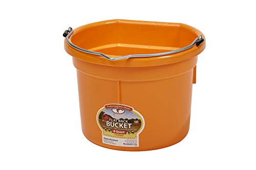 Little Giant® Flat Back Plastic Animal Feed Bucket | Animal Feed Bucket with Metal Handle | Horse Stall Feeding and Watering Supplies (Orange, 8 Quart) - color: Orange, size: 8 Quart