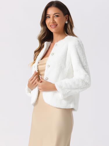 Allegra K Winter Faux Fur Coat Jacket for Women Long Sleeve Pockets Pearl Button Fluffy Cropped Cardigan Outerwear - color: White, size: Large