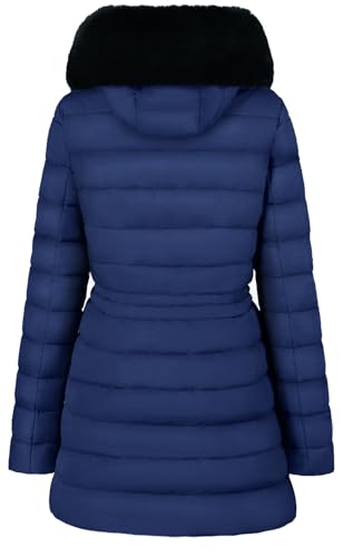 BodiLove Women's Fur Hooded Thickened Jacket with Fleece Lining - color: Navy Hip-length, size: Small