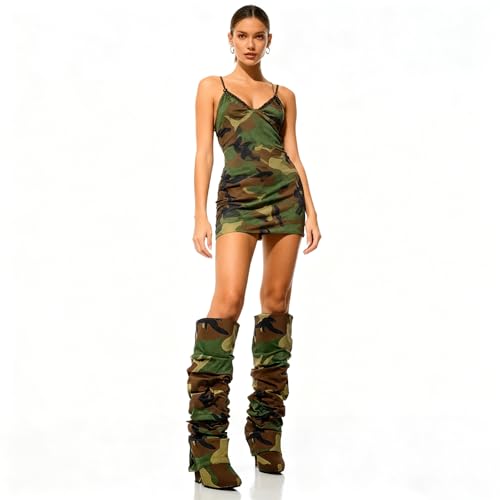 Yishaweiqi Slouched Ruched Fold Over Boots for Women Covered Wedge Heel Patent Leather Knee High Boots Wide Calf Pointed Toe Casual Boots - color: Camouflage, size: 8