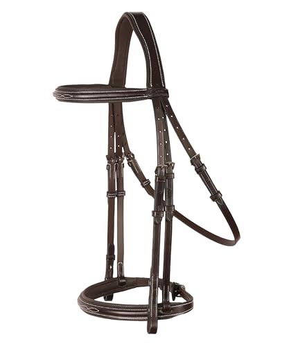 Exion English Hunter Bridle with Designer Stitched Browband & Hunter Noseband – Anatomical Mono Crownpiece, Padded Noseband, Rubber Reins – Horse, Cob, Pony, Oversize – Black, Havana, Oak Brown - color: Havana/ Choco Brown, size: Cob/Medium Size