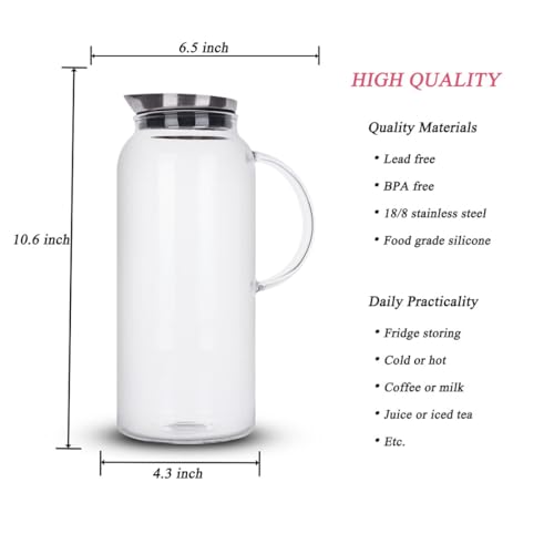 Purefold 68 Ounces Glass Pitcher with Lid, Hot/Cold Water jug for Coffee | Coffee, lemonade, iced tea, juice pitcher. Leakproof stainless steel lid, dishwasher safe. BPA free borosilicate glass. - size: 68 Ounces