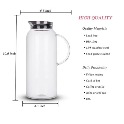 Purefold 68 Ounces Glass Pitcher with Lid, Hot/Cold Water jug for Coffee | Coffee, lemonade, iced tea, juice pitcher. Leakproof stainless steel lid, dishwasher safe. BPA free borosilicate glass. - size: 68 Ounces
