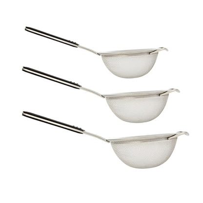 Restaurantware Fine Mesh Strainer Set of 3 Different Sizes with Silicone Handle Stainless Steel Extra Fine Mesh Strainer Heat-Resistant Handle Dishwasher-Safe for Rice, Quinoa, Pasta - size: Standard, Extra Fine Mesh-3-Piece Set