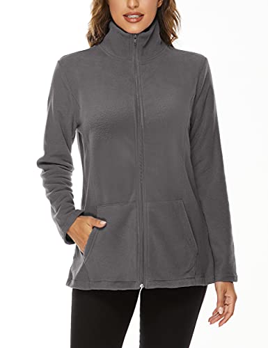 Hibelle Women's Outdoor Full-Zip Thermal Fleece Jacket with Pockets - color: 203-grey, size: Medium