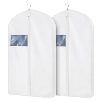 43 Inch Cotton Garment Bag for Hanging Clothes, 3 Pack Suit Bag | Breathable Cotton Fabric, Strong Full Zipper, Organza Window, Dust Cover, For Closet Storage, Suits, Jacket, White - size: 3"W x 43"H-2pcs