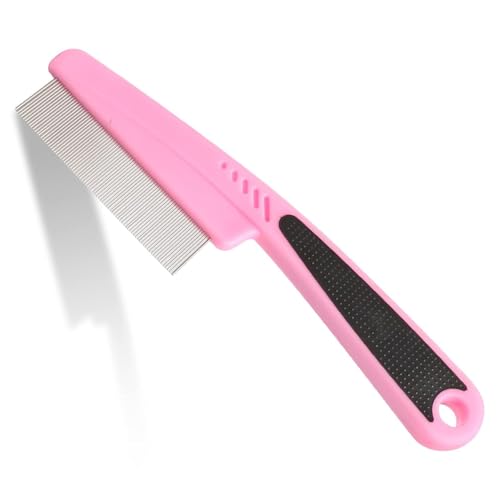 Flea and Lice Comb for Dogs and Cats - Promotes Hair Growth, Removes Loose Hair, Knots, and Flakes - Rubber Handle Brush for Pet Grooming (Pink) - color: Pink
