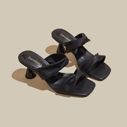 Women's Square Toe Twisted Strap Mules Open Toe Sculptural Kitten Heels Backless Slip On Sandals with Memory Foam - color: Black Twisted, size: 9