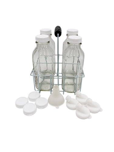 The Dairy Shoppe Heavy Glass Milk Bottles - Extra Lids, Silicone Pour Spouts - Silicone Funnel - Clear Milk Containers - Reusable - Wire Carrier - Made in USA (Liter 4 Cell Carrier Combo) - size: 1142.9 Ounces