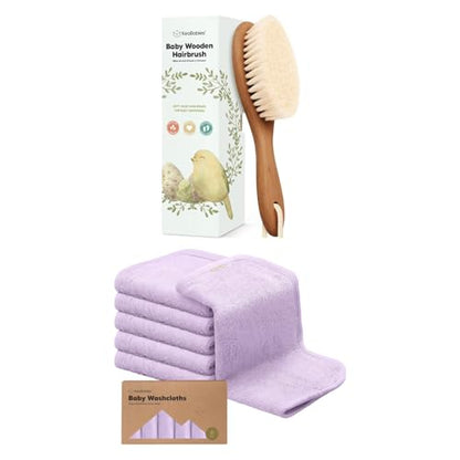 KeaBabies Baby Hair Brush and 6-Pack Baby Washcloths for Newborn - Wooden Brush with Soft Goat Bristles, Wash Cloth, Cradle Cap Hairbrush for Newborns and Infants