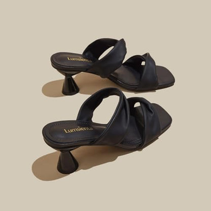 Women's Square Toe Twisted Strap Mules Open Toe Sculptural Kitten Heels Backless Slip On Sandals with Memory Foam - color: Black Twisted, size: 7