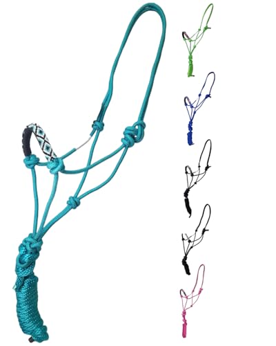Tahoe Tack Copper Tip® Series Braided Rope Horse Halter with Navajo Beaded Noseband, Cowboy Knots, 10 Ft Lead - color: Turquoise/Turquoise