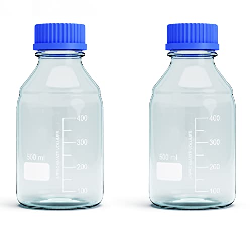 500ML Storage Glass Bottles – 2pcs Round Media Storage Bottle – Borosilicate Glass Bottles – Safe Probe Storage Glass Storage Bottles with GL45 Blue Screw Cap (500ml - 2pcs) - size: 500ml - 2pcs