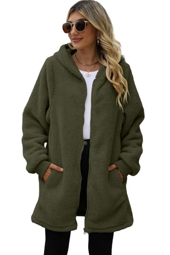 ReachMe Womens Fleece Zip Up Jacket with Pockets Oversized Long Sherpa Hoodie Fuzzy Jackets Warm Teddy Coat - color: 01 Army Green, size: Large