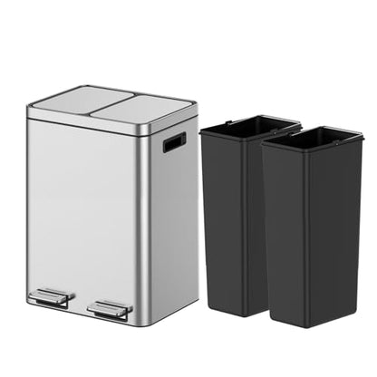 Dual Compartment Trash Can, 2 x 5.3 Gallon Kitchen Bin, Stainless Steel Recycling Bin, with Soft-Close Lids & Removable Inner Baskets, with Dual Compartments, for Kitchen Home Office Use - size: 2 x 5.2 Gallon