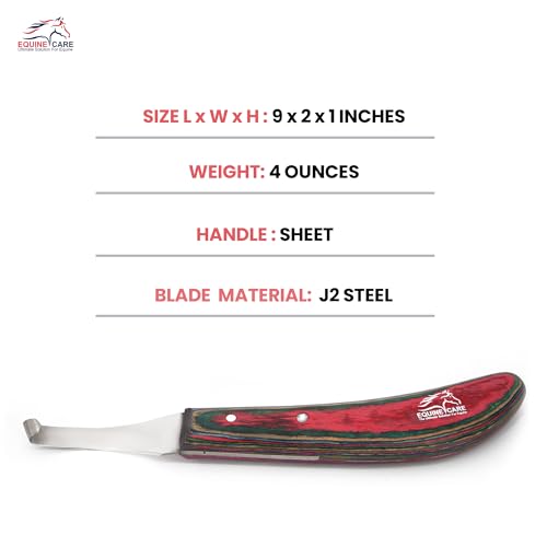 Equine Care Right-Handed Farrier Hoof Knife, Horses Goats Sheep, Red Handle | Farrier hoof knife for horses, goats, sheep and cattle; J2 stainless steel curved blade; red layered handle. - style: Right-Handed