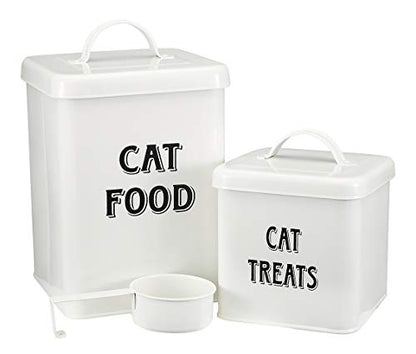 Pethiy Cat Food and Treats Containers Set with Scoop for Cats-Vintage Cream Powder-Coated Carbon Steel-Tight Fitting Lids-Storage Canister Tins-catfood-white