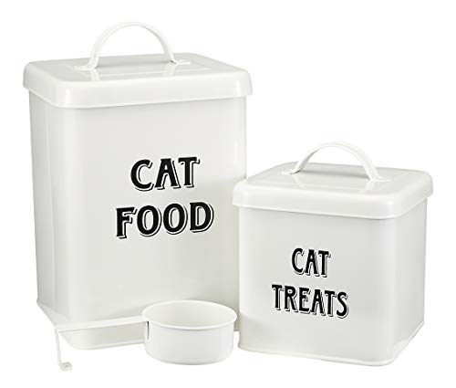 Pethiy Cat Food and Treats Containers Set with Scoop for Cats-Vintage Cream Powder-Coated Carbon Steel-Tight Fitting Lids-Storage Canister Tins-catfood-white