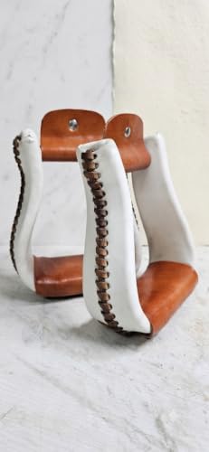 Western Saddle Stirrups White Rawhide Braided Leather Covered Pair | Cowboy Horse Riding Tack, Trail Riding, Ranch Work, Western Pleasure