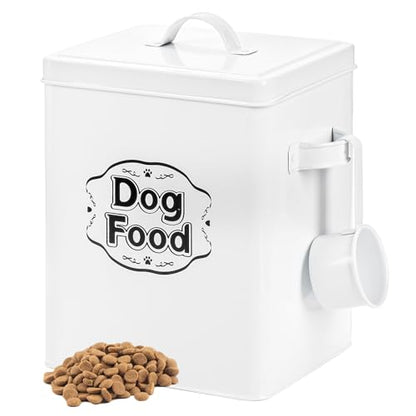 Youeon 5-7 Lbs(25 Cup) Metal Dog Food Storage Container with Lid and Scoop, Airtight Dog Treat Container, Farmhouse Pet Food Storage Container, Cute Dog Food Canister, Gift for Dogs and Owners, White