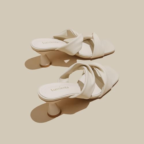 Women's Square Toe Twisted Strap Mules Open Toe Sculptural Kitten Heels Backless Slip On Sandals with Memory Foam - color: Beige Twisted, size: 7
