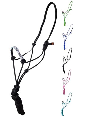 Tahoe Tack Copper Tip® Series Braided Rope Horse Halter with Navajo Beaded Noseband, Cowboy Knots, 10 Ft Lead - color: Black/Turquoise